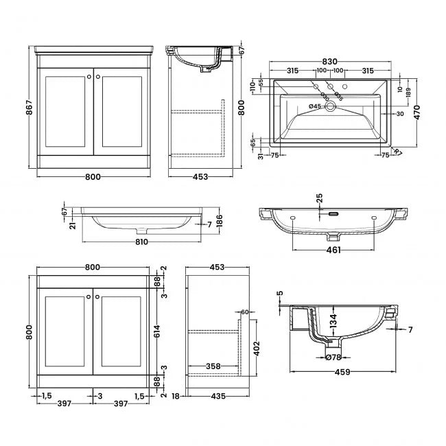 Crawford Classique Floor Standing 2-Door Vanity Unit with Basin 800mm Wide Satin Grey - 3 Tap Hole