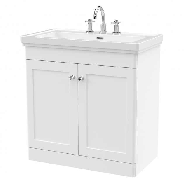 Crawford Classique Floor Standing 2-Door Vanity Unit with Basin 800mm Wide Satin White - 3 Tap Hole