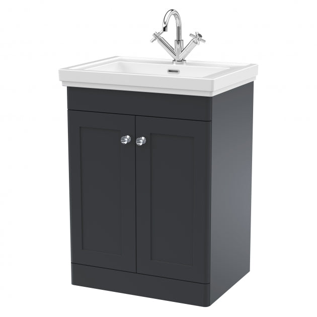 Crawford Classique Floor Standing 2-Door Vanity Unit with Basin 600mm Wide Satin Anthracite - 1 Tap Hole