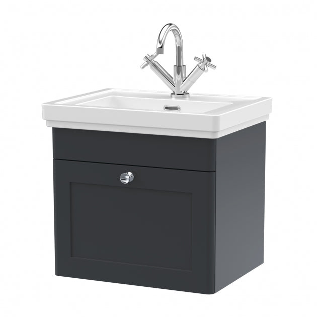 Crawford Classique Wall Hung 1-Drawer Vanity Unit with Basin 500mm Wide Satin Anthracite - 1 Tap Hole