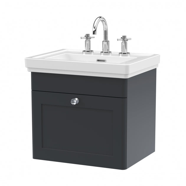 Crawford Classique Wall Hung 1-Drawer Vanity Unit with Basin 500mm Wide Satin Anthracite - 3 Tap Hole