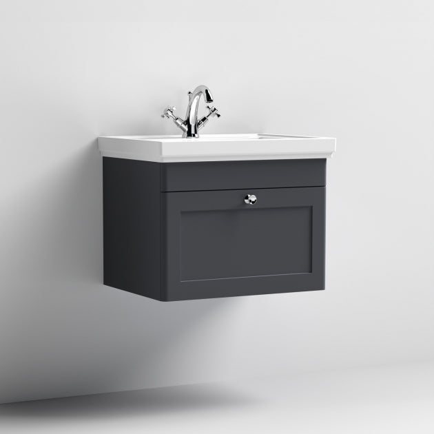 Crawford Classique Wall Hung 1-Drawer Vanity Unit with Basin 600mm Wide Satin Anthracite - 1 Tap Hole