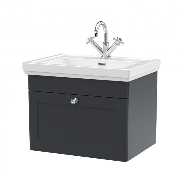 Crawford Classique Wall Hung 1-Drawer Vanity Unit with Basin 600mm Wide Satin Anthracite - 1 Tap Hole