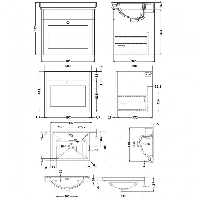 Crawford Classique Wall Hung 1-Drawer Vanity Unit with Basin 500mm Wide Satin Grey - 1 Tap Hole