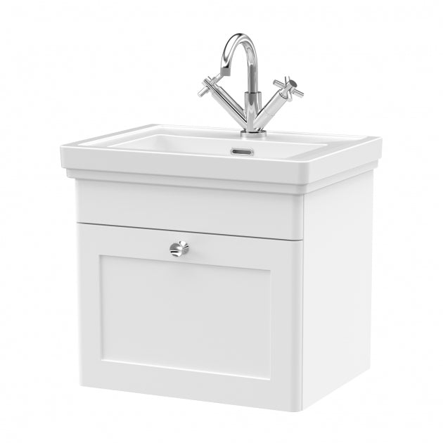 Crawford Classique Wall Hung 1-Drawer Vanity Unit with Basin 500mm Wide Satin White - 1 Tap Hole