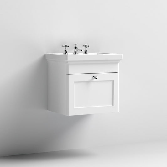 Crawford Classique Wall Hung 1-Drawer Vanity Unit with Basin 500mm Wide Satin White - 3 Tap Hole