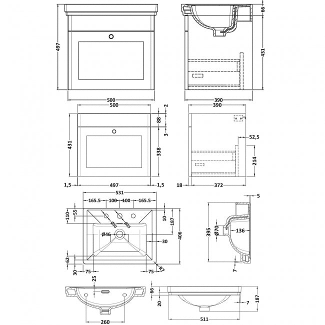 Crawford Classique Wall Hung 1-Drawer Vanity Unit with Basin 500mm Wide Satin White - 3 Tap Hole