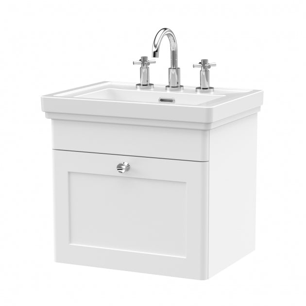 Crawford Classique Wall Hung 1-Drawer Vanity Unit with Basin 500mm Wide Satin White - 3 Tap Hole