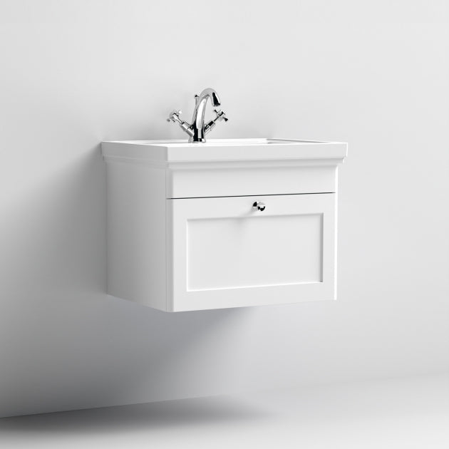 Crawford Classique Wall Hung 1-Drawer Vanity Unit with Basin 600mm Wide Satin White - 1 Tap Hole