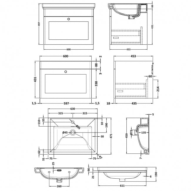 Crawford Classique Wall Hung 1-Drawer Vanity Unit with Basin 600mm Wide Satin Anthracite - 1 Tap Hole