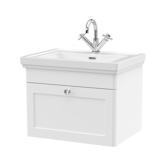 Crawford Classique Wall Hung 1-Drawer Vanity Unit with Basin 600mm Wide Satin White - 1 Tap Hole