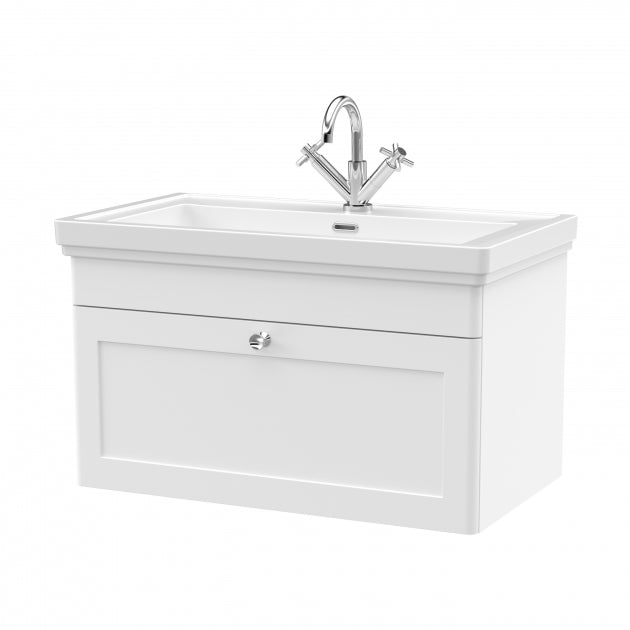 Crawford Classique Wall Hung 1-Drawer Vanity Unit with Basin 800mm Wide Satin White - 1 Tap Hole