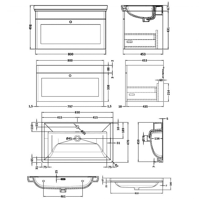 Crawford Classique Wall Hung 1-Drawer Vanity Unit with Basin 800mm Wide Satin White - 1 Tap Hole