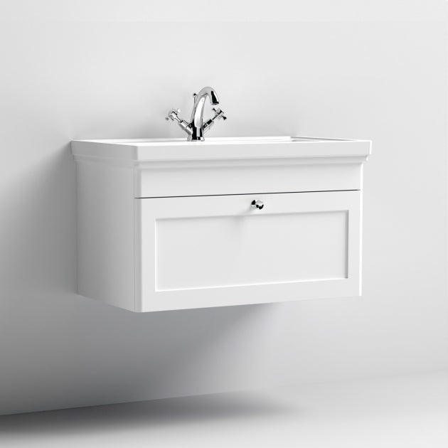 Crawford Classique Wall Hung 1-Drawer Vanity Unit with Basin 800mm Wide Satin White - 1 Tap Hole