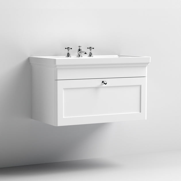 Crawford Classique Wall Hung 1-Drawer Vanity Unit with Basin 800mm Wide Satin White - 3 Tap Hole