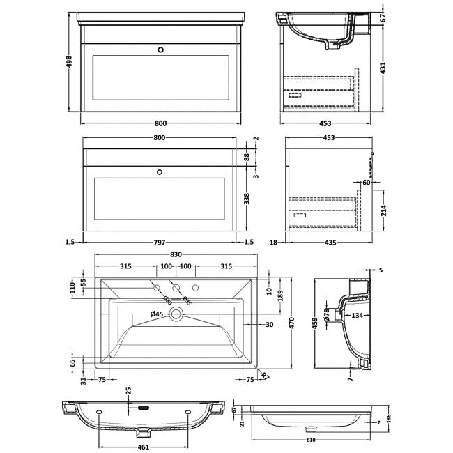 Crawford Classique Wall Hung 1-Drawer Vanity Unit with Basin 800mm Wide Satin Grey - 3 Tap Hole