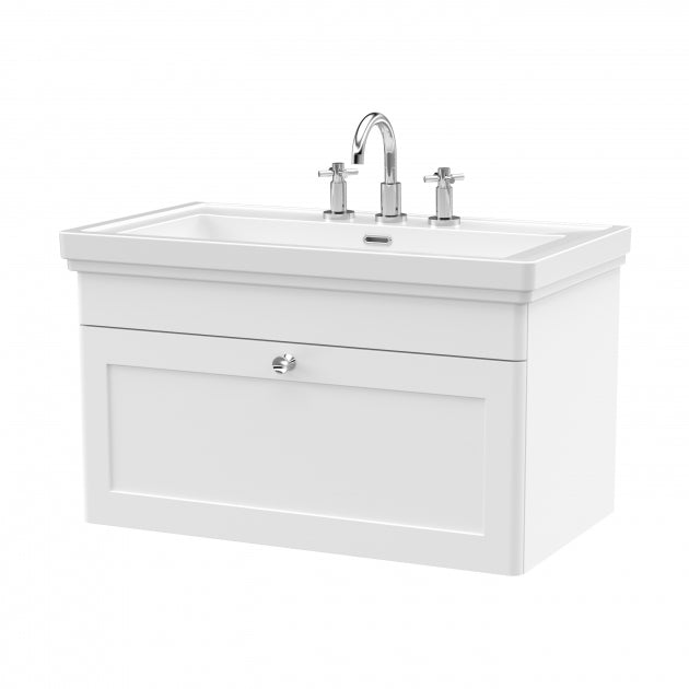 Crawford Classique Wall Hung 1-Drawer Vanity Unit with Basin 800mm Wide Satin White - 3 Tap Hole