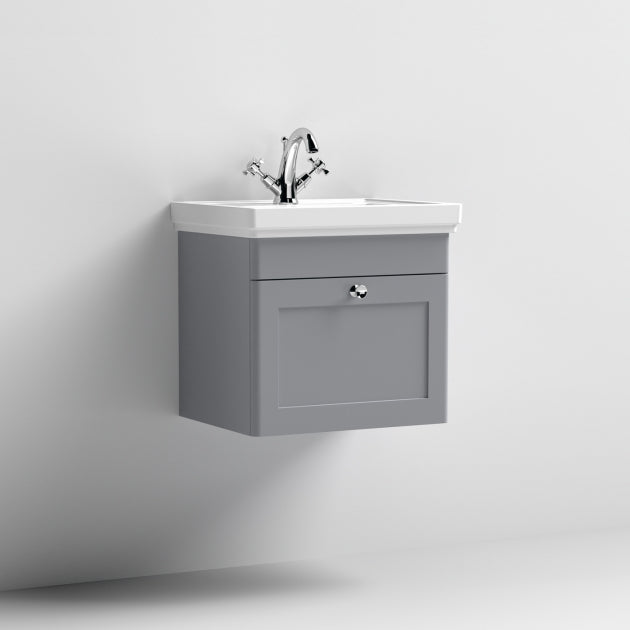 Crawford Classique Wall Hung 1-Drawer Vanity Unit with Basin 500mm Wide Satin Grey - 1 Tap Hole