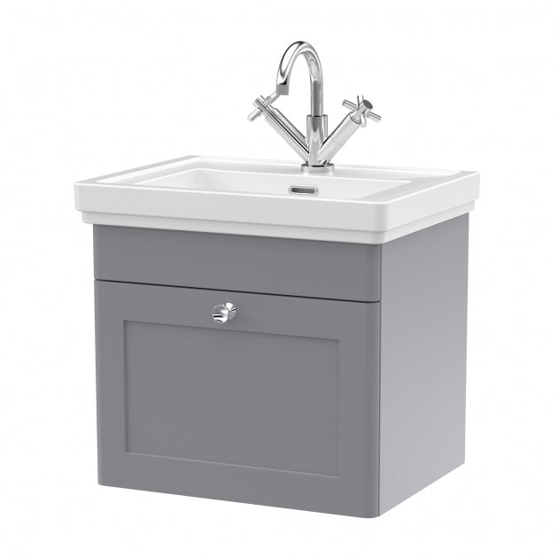 Crawford Classique Wall Hung 1-Drawer Vanity Unit with Basin 500mm Wide Satin Grey - 1 Tap Hole