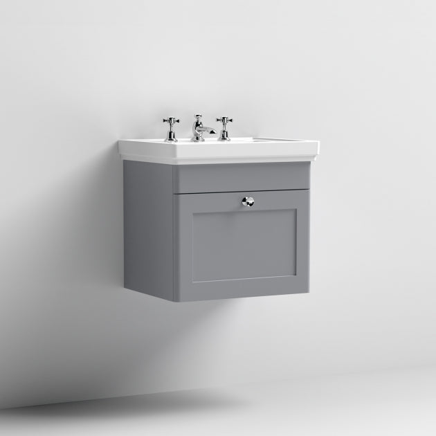 Crawford Classique Wall Hung 1-Drawer Vanity Unit with Basin 500mm Wide Satin Grey - 3 Tap Hole