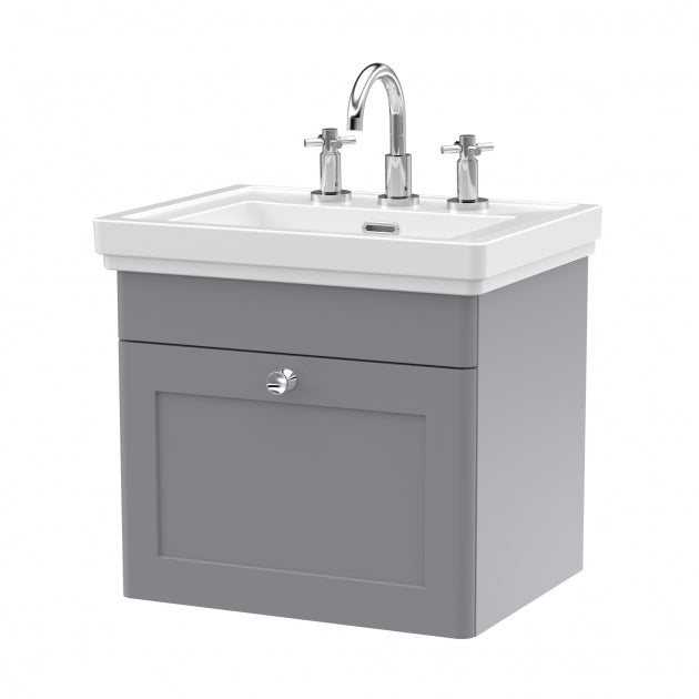 Crawford Classique Wall Hung 1-Drawer Vanity Unit with Basin 500mm Wide Satin Grey - 3 Tap Hole