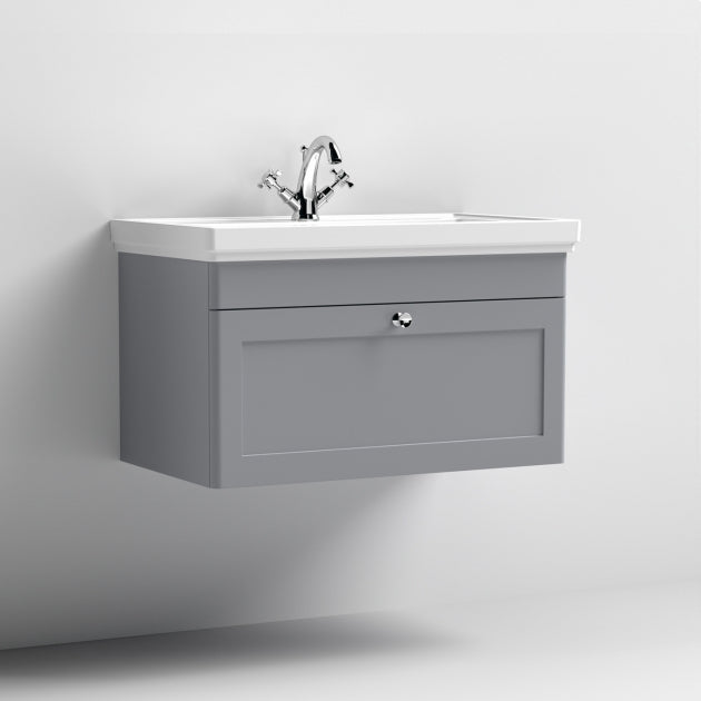 Crawford Classique Wall Hung 1-Drawer Vanity Unit with Basin 800mm Wide Satin Grey - 1 Tap Hole