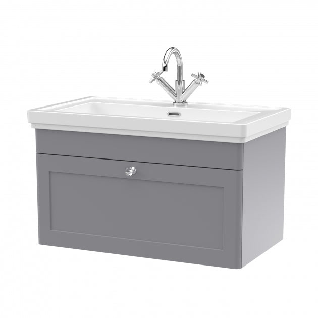 Crawford Classique Wall Hung 1-Drawer Vanity Unit with Basin 800mm Wide Satin Grey - 1 Tap Hole