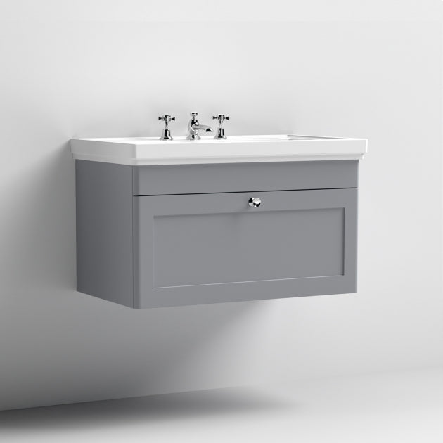 Crawford Classique Wall Hung 1-Drawer Vanity Unit with Basin 800mm Wide Satin Grey - 3 Tap Hole