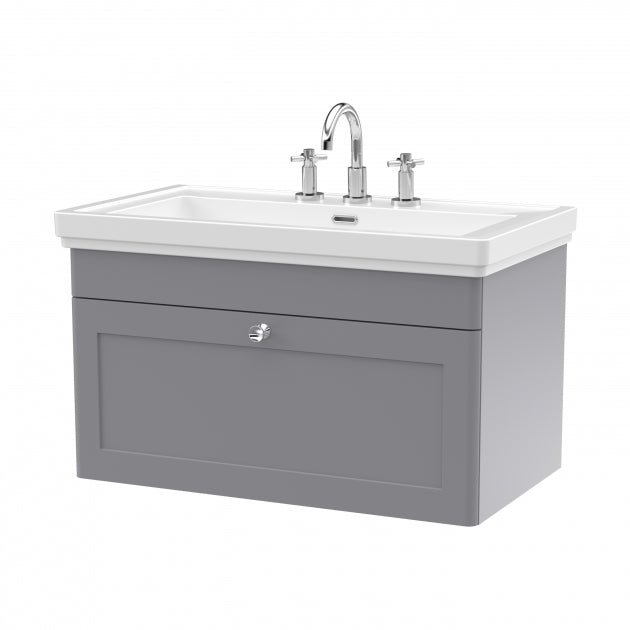 Crawford Classique Wall Hung 1-Drawer Vanity Unit with Basin 800mm Wide Satin Grey - 3 Tap Hole