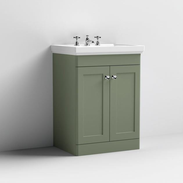 Crawford Classique Floor Standing 2-Door Vanity Unit with Basin 600mm Wide Satin Green - 3 Tap Hole