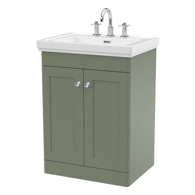 Crawford Classique Floor Standing 2-Door Vanity Unit with Basin 600mm Wide Satin Green - 3 Tap Hole