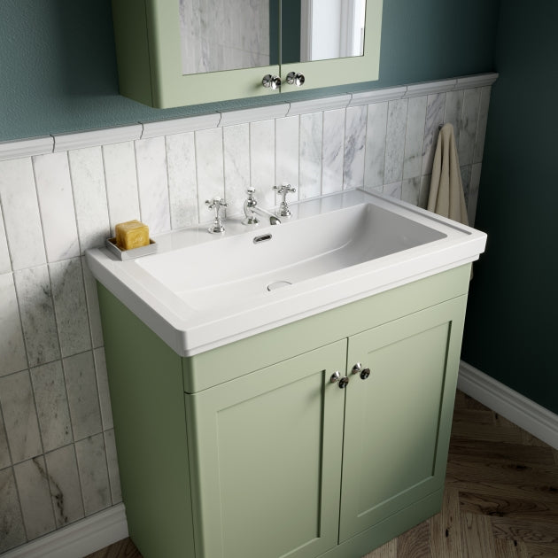 Crawford Classique Floor Standing 2-Door Vanity Unit with Basin 800mm Wide Satin Green - 3 Tap Hole