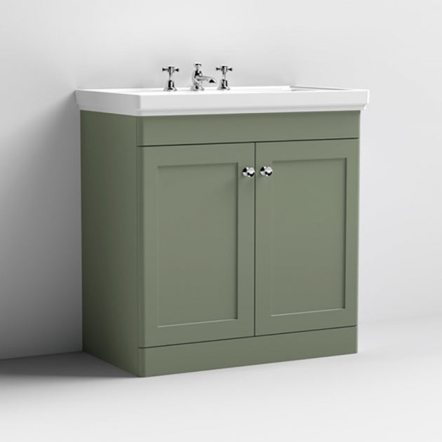 Crawford Classique Floor Standing 2-Door Vanity Unit with Basin 800mm Wide Satin Green - 3 Tap Hole