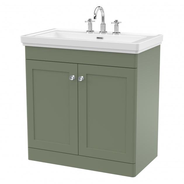 Crawford Classique Floor Standing 2-Door Vanity Unit with Basin 800mm Wide Satin Green - 3 Tap Hole