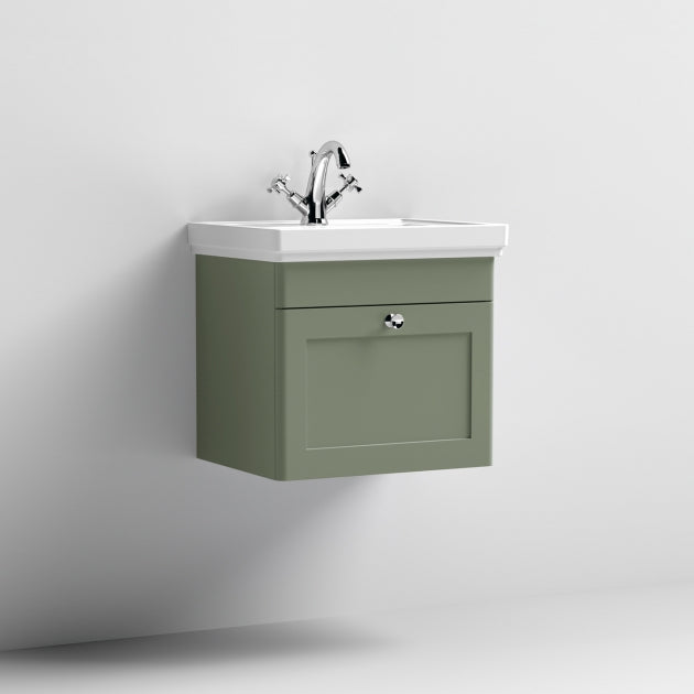 Crawford Classique Wall Hung 1-Drawer Vanity Unit with Basin 500mm Wide Satin Green - 1 Tap Hole