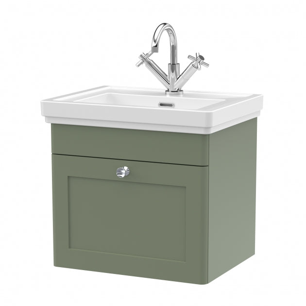 Crawford Classique Wall Hung 1-Drawer Vanity Unit with Basin 500mm Wide Satin Green - 1 Tap Hole