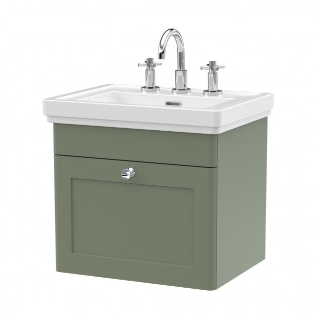 Crawford Classique Wall Hung 1-Drawer Vanity Unit with Basin 500mm Wide Satin Green - 3 Tap Hole