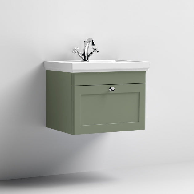 Crawford Classique Wall Hung 1-Drawer Vanity Unit with Basin 600mm Wide Satin Green - 1 Tap Hole