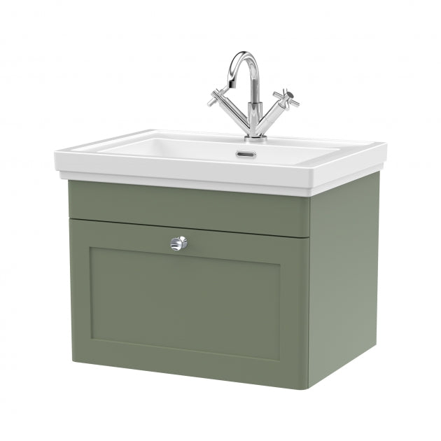 Crawford Classique Wall Hung 1-Drawer Vanity Unit with Basin 600mm Wide Satin Green - 1 Tap Hole