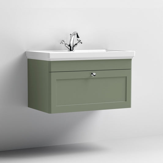 Crawford Classique Wall Hung 1-Drawer Vanity Unit with Basin 800mm Wide Satin Green - 1 Tap Hole