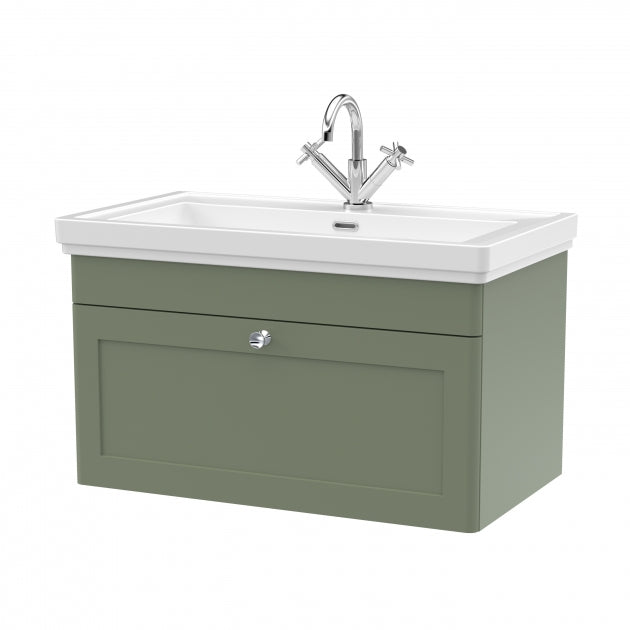 Crawford Classique Wall Hung 1-Drawer Vanity Unit with Basin 800mm Wide Satin Green - 1 Tap Hole