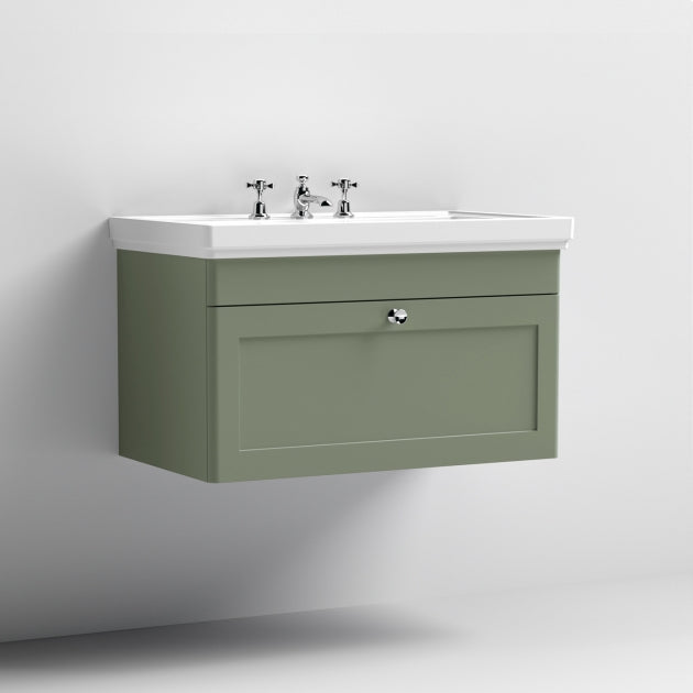 Crawford Classique Wall Hung 1-Drawer Vanity Unit with Basin 800mm Wide Satin Green - 3 Tap Hole