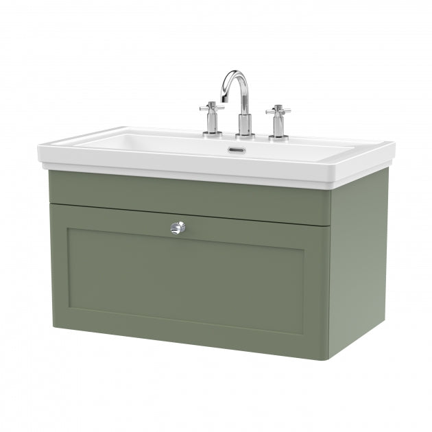 Crawford Classique Wall Hung 1-Drawer Vanity Unit with Basin 800mm Wide Satin Green - 3 Tap Hole