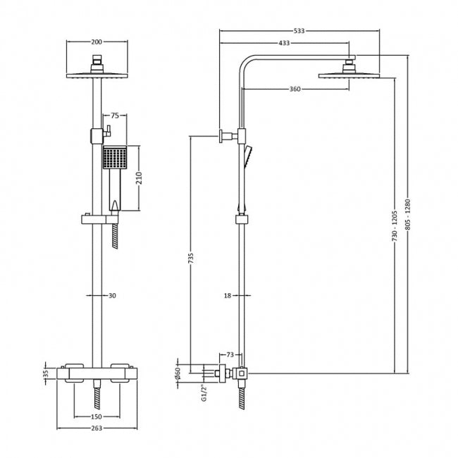 Crawford Square Thermostatic Bar Mixer Shower with Shower Kit and Fixed Head - Brushed Bronze