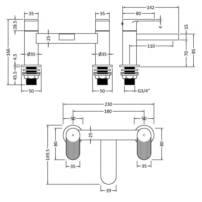 Crawford Cyprus Fluted Pillar Mounted Bath Filler Tap