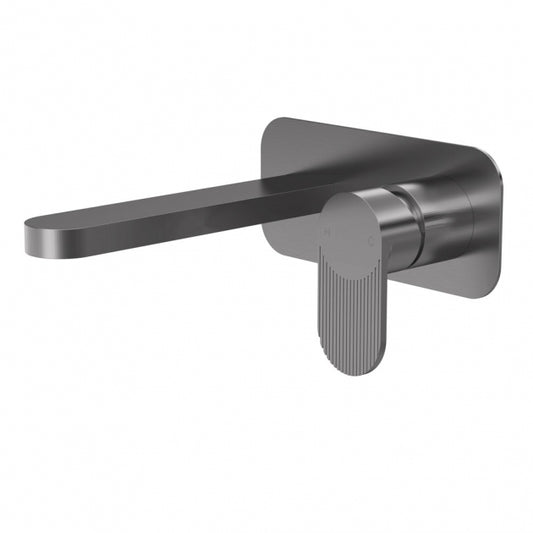 Crawford Cyprus Fluted 2-Hole Wall Mounted Basin Mixer Tap with Plate - Brushed Pewter