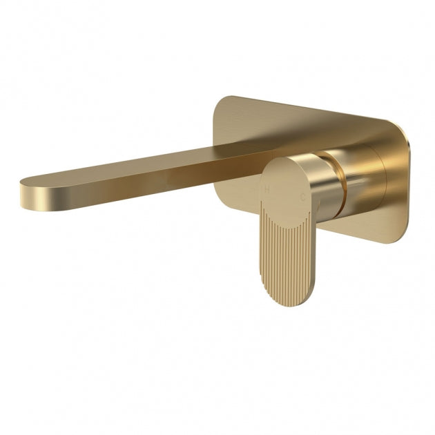 Crawford Cyprus Fluted 2-Hole Wall Mounted Basin Mixer Tap with Plate - Brushed Brass