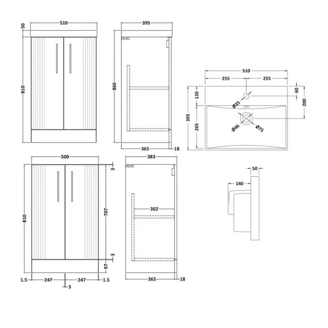 Crawford Deco Floor Standing 2-Door Vanity Unit with Basin-3 500mm Wide - Satin Grey