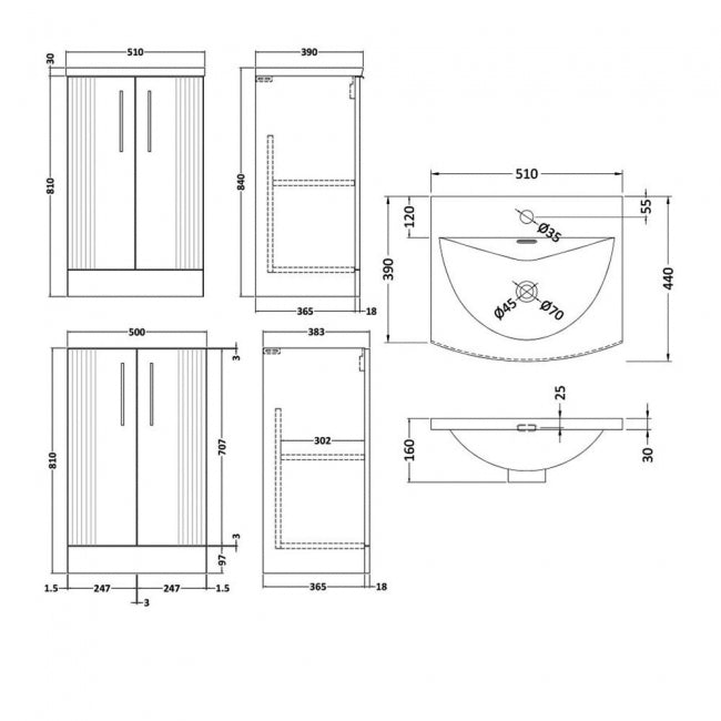 Crawford Deco Floor Standing 2-Door Vanity Unit with Basin-4 500mm Wide - Satin White