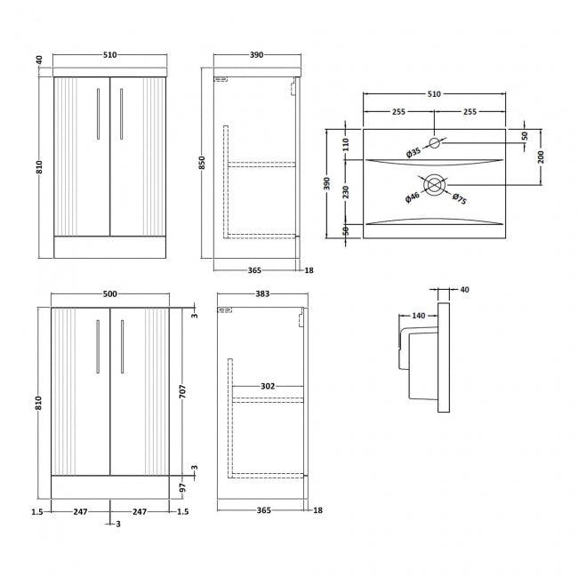 Crawford Deco Floor Standing 2-Door Vanity Unit with Basin-1 500mm Wide - Satin Anthracite